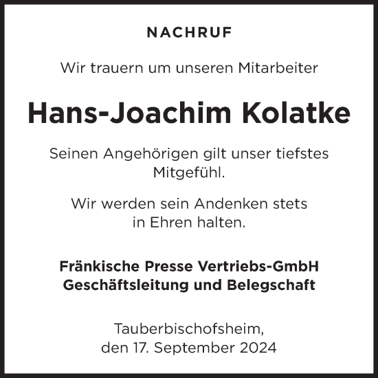 Traueranzeige von Hans-Joachim Kolatke von Fränkische Nachrichten