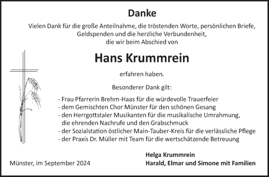 Traueranzeige von Hans Krummrein von Fränkische Nachrichten