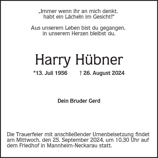 Traueranzeige von Harry Hübner von Mannheimer Morgen