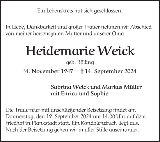 Traueranzeige von Heidemarie Weick von Schwetzinger Zeitung