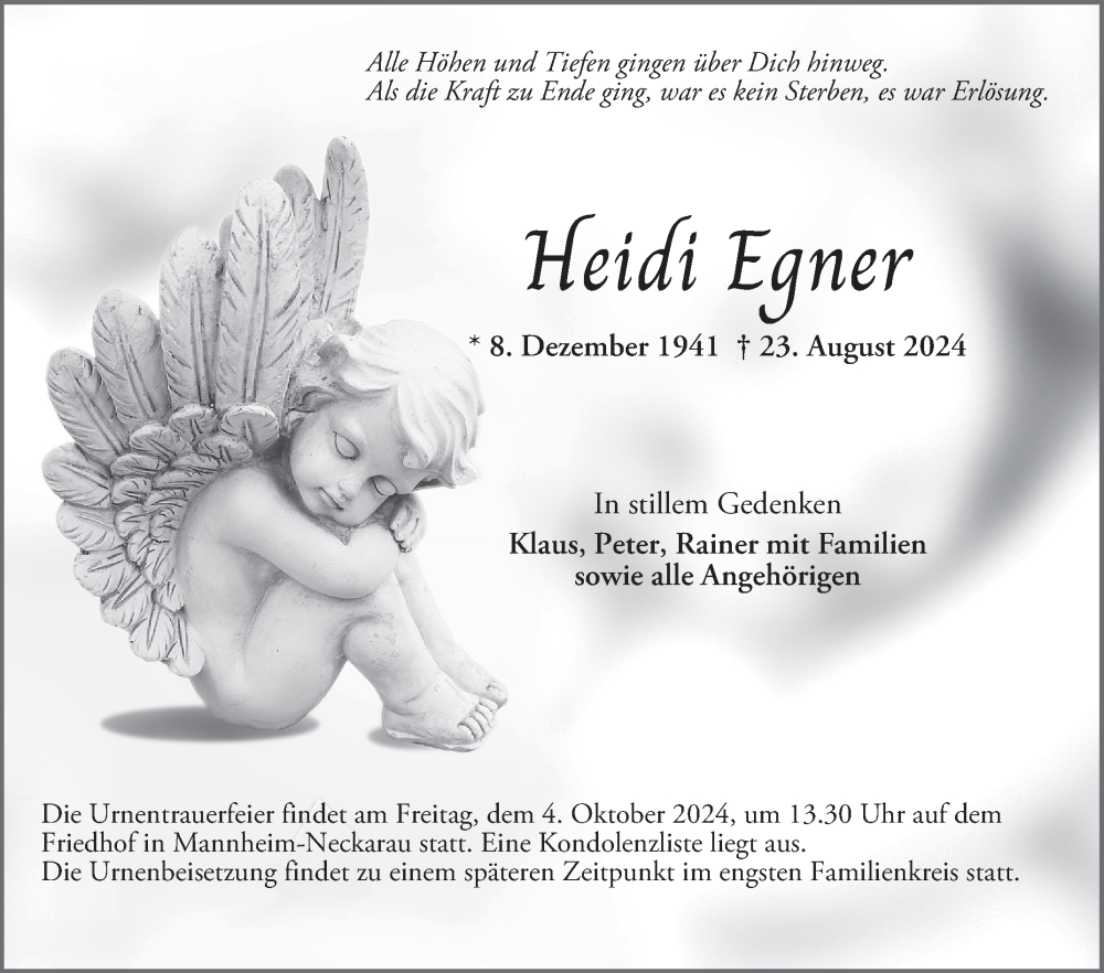  Traueranzeige für Heidi Egner vom 07.09.2024 aus Mannheimer Morgen