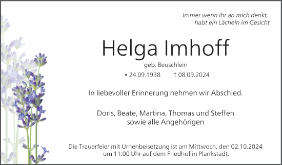 Traueranzeige von Helga Imhoff von Schwetzinger Zeitung