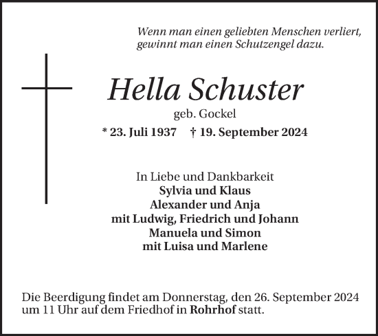 Traueranzeige von Hella Schuster von Mannheimer Morgen