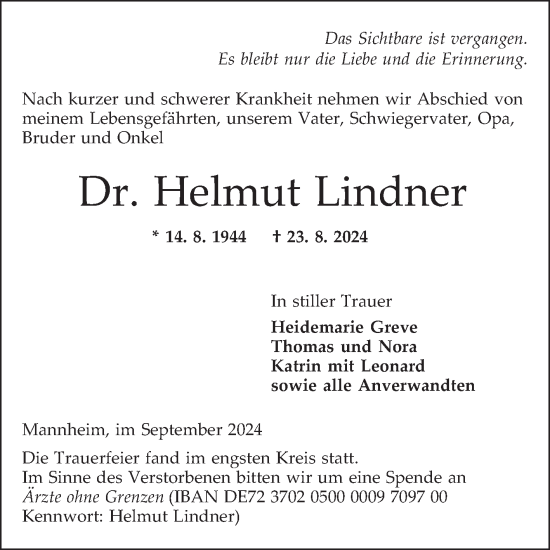 Traueranzeige von Helmut Lindner von Mannheimer Morgen