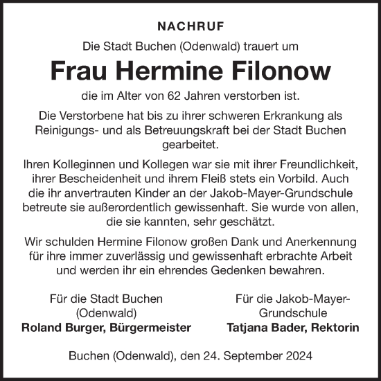 Traueranzeige von Hermine Filonow von Fränkische Nachrichten