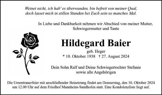 Traueranzeige von Hildegard Baier von Mannheimer Morgen