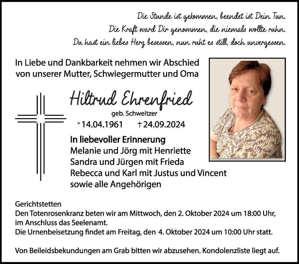  Traueranzeige für Hiltrud Ehrenfried vom 28.09.2024 aus Fränkische Nachrichten