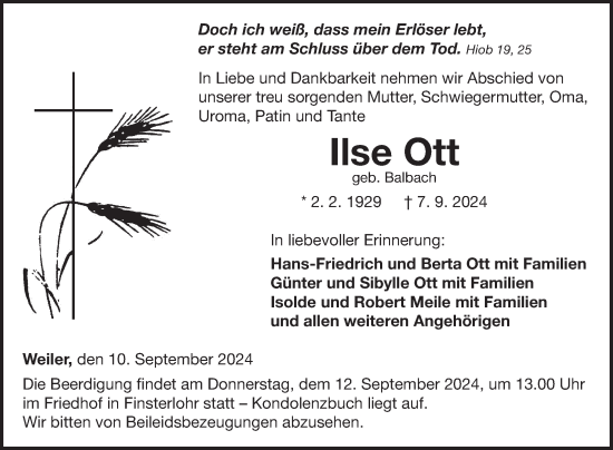 Traueranzeige von Ilse Ott von Fränkische Nachrichten