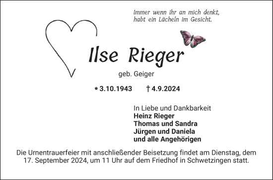 Traueranzeige von Ilse Rieger von Schwetzinger Zeitung