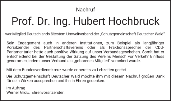 Traueranzeige von Ing. Hubert Hochbruck von Bergsträßer Anzeiger