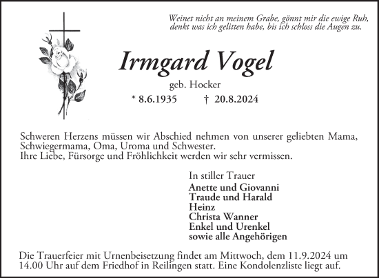 Traueranzeige von Irmgard Vogel von Schwetzinger Zeitung