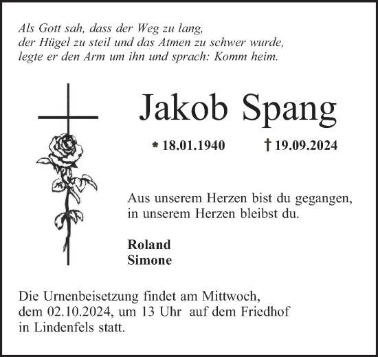 Traueranzeige von Jakob Spang von Bergsträßer Anzeiger