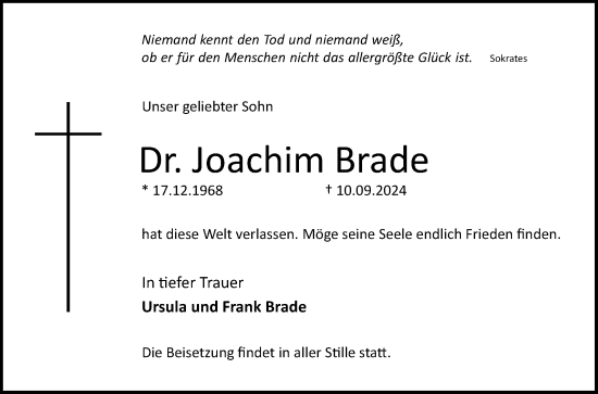 Traueranzeige von Joachim Brade von Mannheimer Morgen