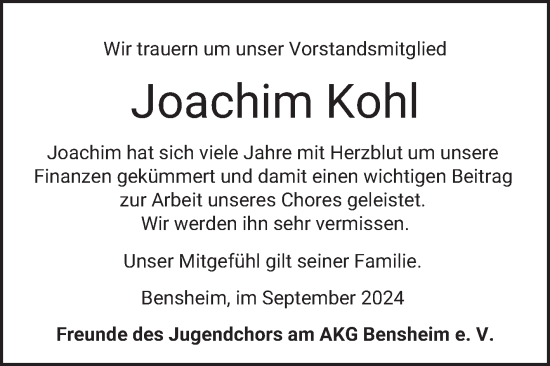 Traueranzeige von Joachim Kohl von Bergsträßer Anzeiger