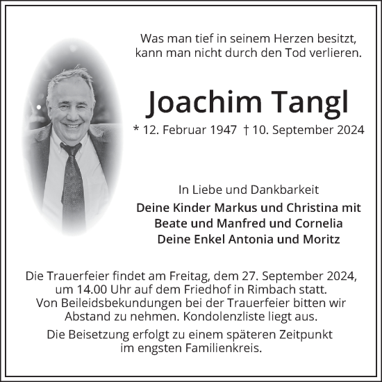 Traueranzeige von Joachim Tangl von Mannheimer Morgen