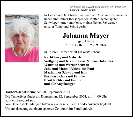 Traueranzeige von Johanna Mayer von Fränkische Nachrichten