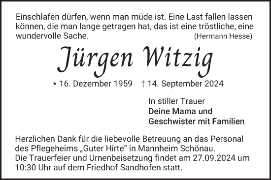 Traueranzeige von Jürgen Witzig von Mannheimer Morgen