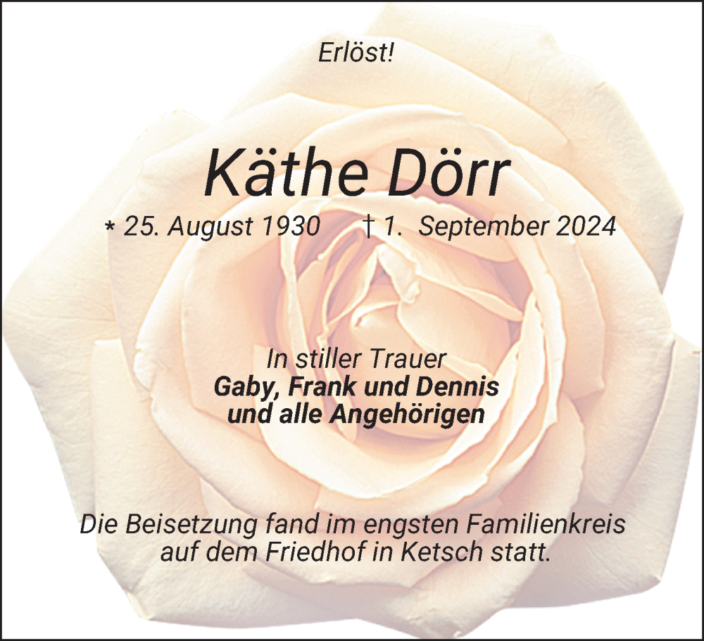  Traueranzeige für Käthe Dörr vom 11.09.2024 aus Schwetzinger Zeitung