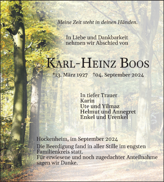 Traueranzeige von Karl-Heinz Boos von Schwetzinger Zeitung