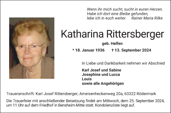 Traueranzeige von Katharina Rittersberger von Bergsträßer Anzeiger