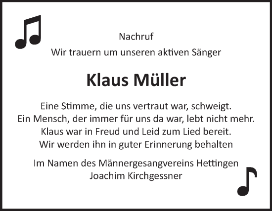 Traueranzeige von Klaus Müller von Fränkische Nachrichten