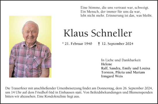 Traueranzeige von Klaus Schneller von Bergsträßer Anzeiger