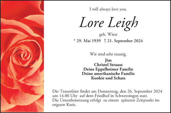 Traueranzeige von Lore Leigh von Schwetzinger Zeitung