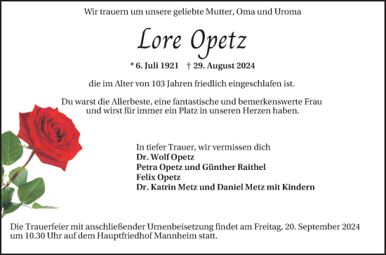 Traueranzeige von Lore Opetz von Mannheimer Morgen