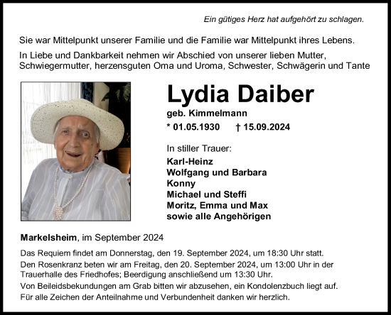 Traueranzeige von Lydia Daiber von Fränkische Nachrichten