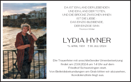 Traueranzeige von Lydia Hyner von Schwetzinger Zeitung