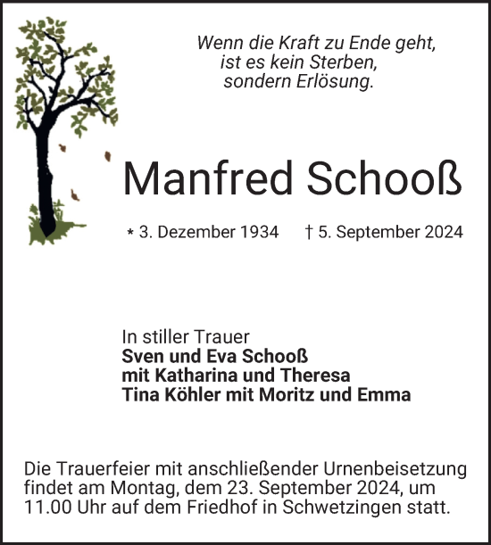 Traueranzeige von Manfred Schooß von Mannheimer Morgen