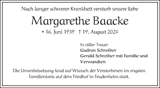 Traueranzeige von Margarethe Baacke von Mannheimer Morgen