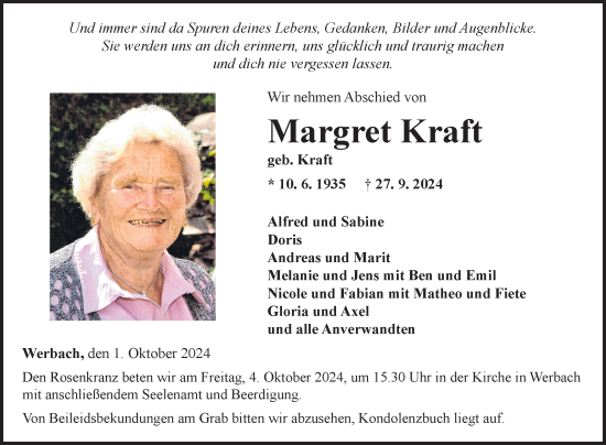 Traueranzeige von Margret Kraft von Fränkische Nachrichten