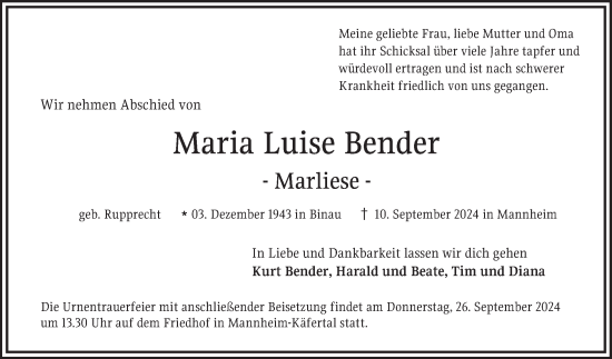 Traueranzeige von Maria Bender von Mannheimer Morgen