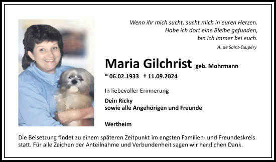 Traueranzeige von Maria Gilchrist von Fränkische Nachrichten