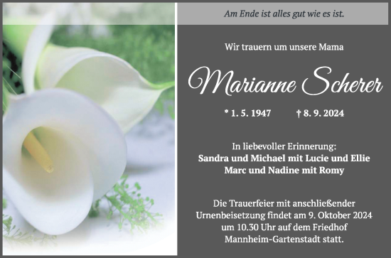 Traueranzeige von Marianne Scherer von Mannheimer Morgen