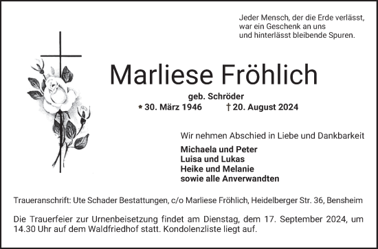 Traueranzeige von Marliese Fröhlich von Bergsträßer Anzeiger