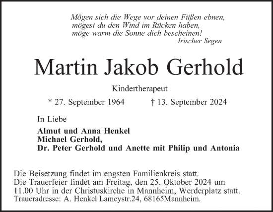 Traueranzeige von Martin Jakob Gerhold von Mannheimer Morgen