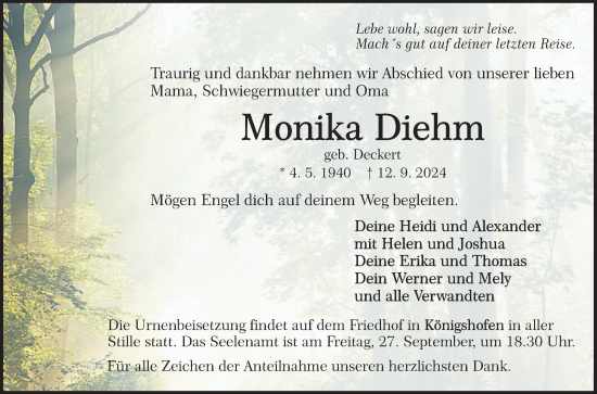 Traueranzeige von Monika Diehm von Fränkische Nachrichten