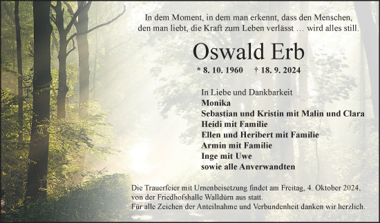 Traueranzeige von Oswald Erb von Fränkische Nachrichten