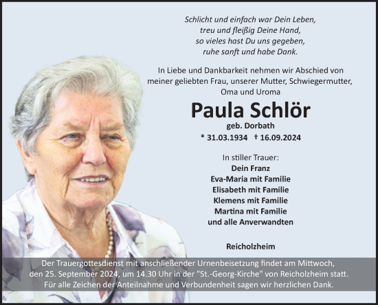 Traueranzeige von Paula Schlör von Fränkische Nachrichten