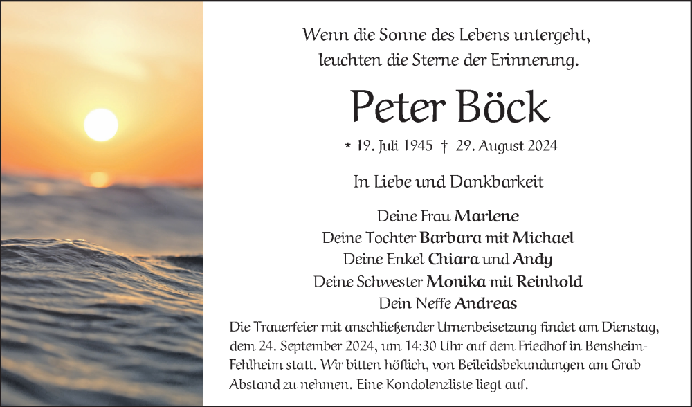  Traueranzeige für Peter Böck vom 21.09.2024 aus Bergsträßer Anzeiger