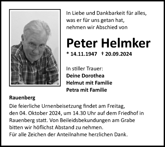 Traueranzeige von Peter Helmker von Fränkische Nachrichten