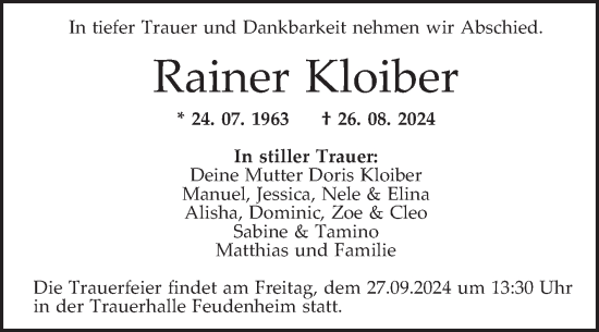 Traueranzeige von Rainer Kloiber von Mannheimer Morgen