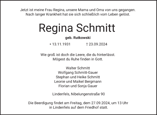 Traueranzeige von Regina Schmitt von Bergsträßer Anzeiger