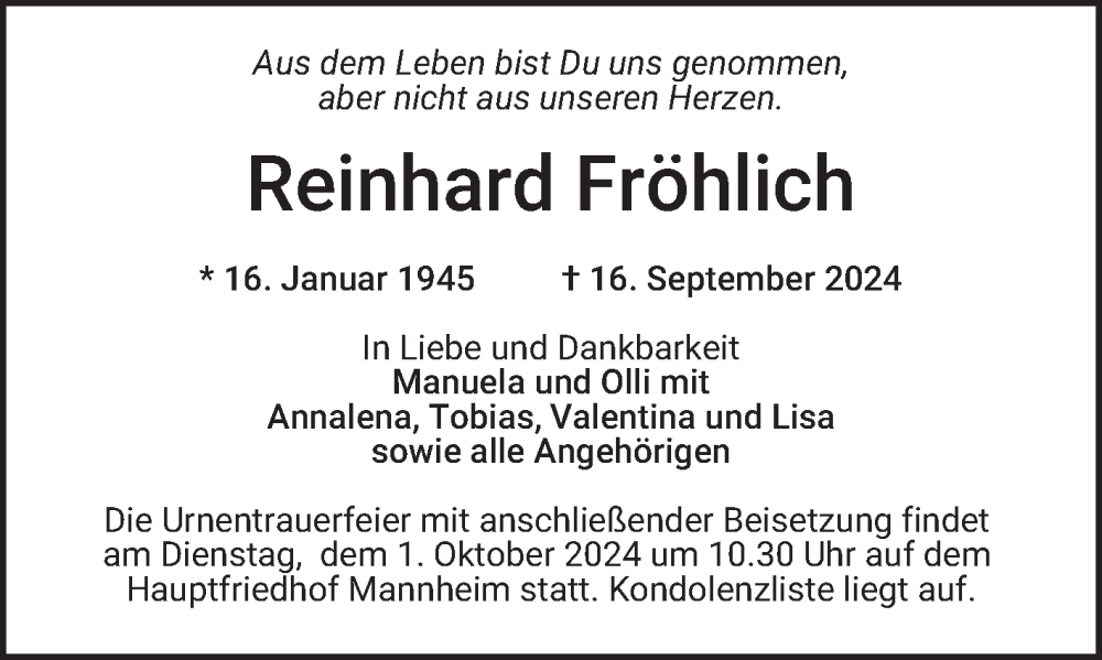  Traueranzeige für Reinhard Fröhlich vom 21.09.2024 aus Mannheimer Morgen