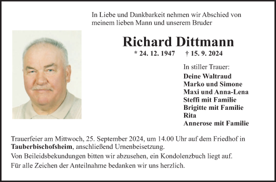 Traueranzeige von Richard Dittmann von Fränkische Nachrichten