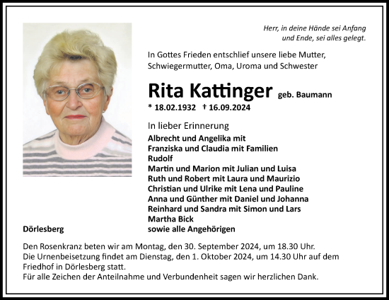 Traueranzeige von Rita Kattinger von Fränkische Nachrichten