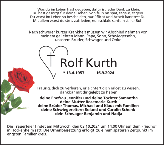 Traueranzeige von Rolf Kurth von Schwetzinger Zeitung