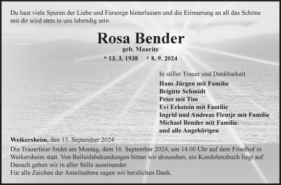 Traueranzeige von Rosa Bender von Fränkische Nachrichten